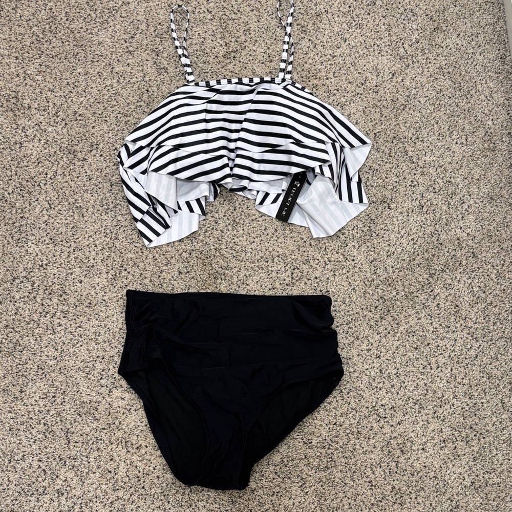 Womens Black & White Striped Two-Piece Swim Set